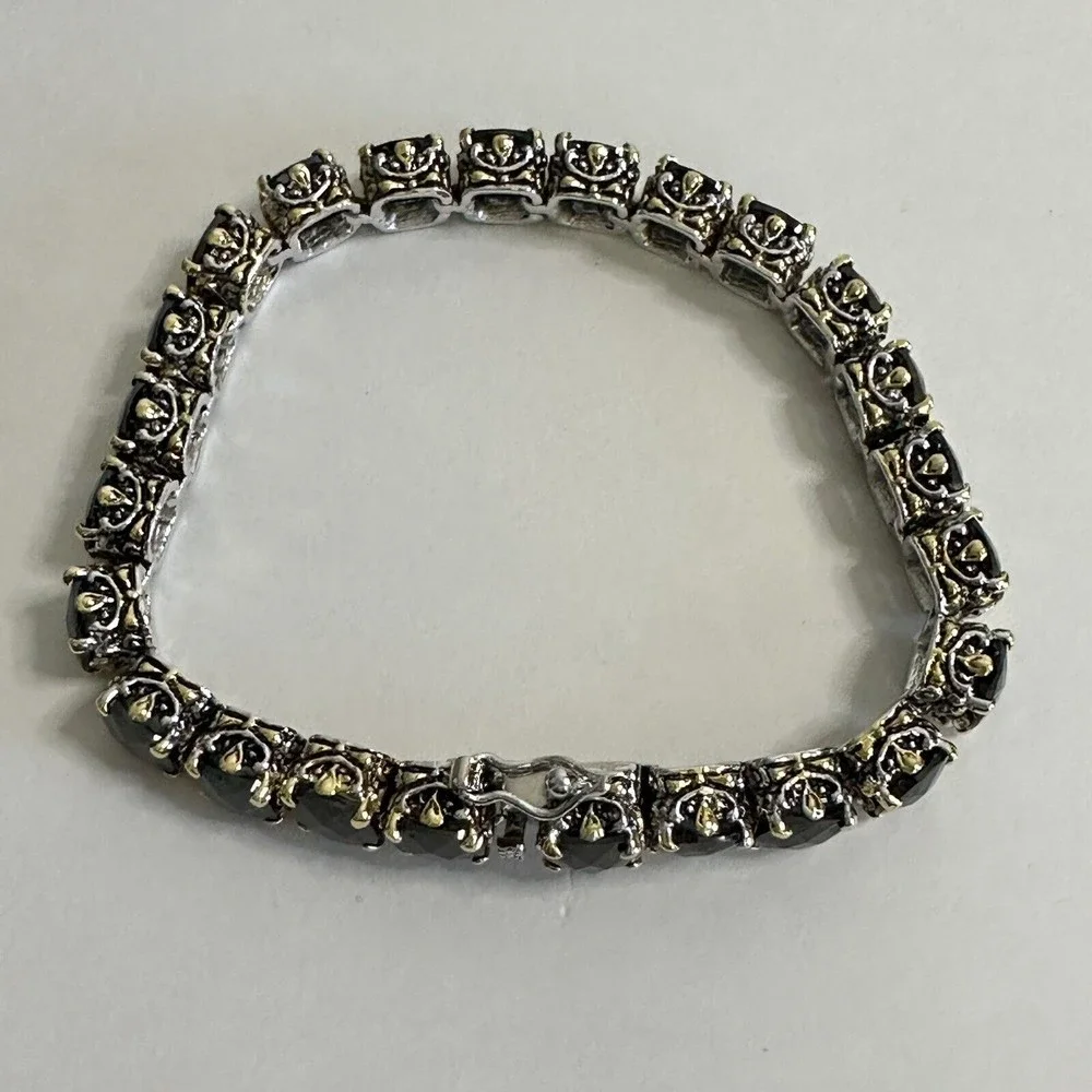 Bracelet Black Faceted Tennis Style Two Toned Safety Clasp IJDI China 925 Marked - Picture 3 of 13